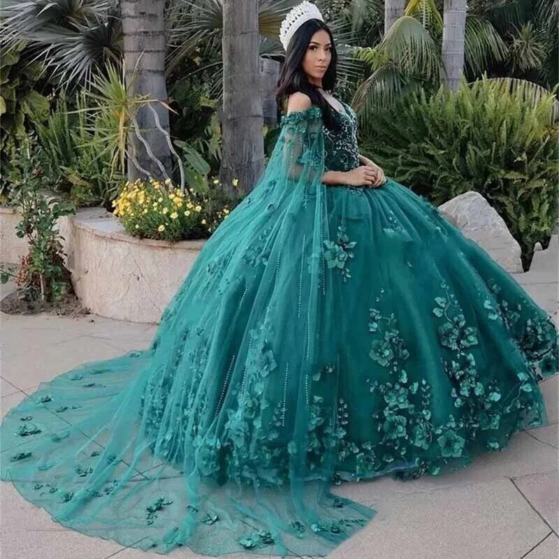 Emerald Green Ball Gown Quinceanera Dresses With Cape Appliques Beads Sweet16 Dress    fg1462