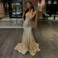 Gold Mermaid Prom Dresses For Black Girls Spaghetti Zipper Back Sweep Train Lace Formal Evening Dress   fg5422