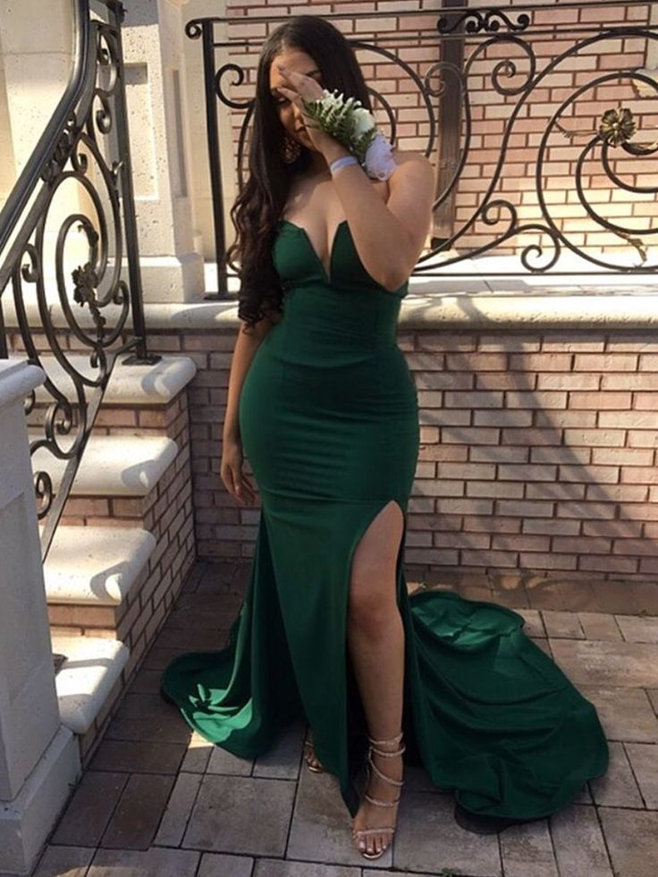 Green Strapless Mermaid Split Long Prom Dresses With Sweep Train, Mermaid Green Formal Dresses, Evening Dresses      fg5043