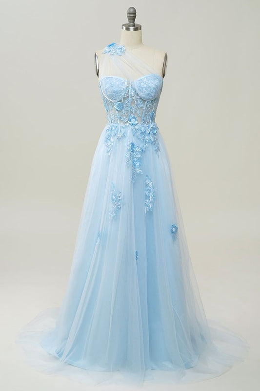 A Line One Shoulder Sky Blue Long Prom Dress with Appliques        fg4713