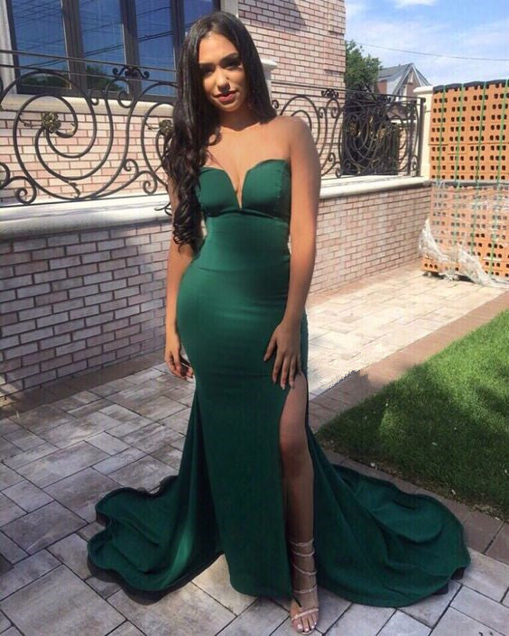 Green Strapless Mermaid Split Long Prom Dresses With Sweep Train, Mermaid Green Formal Dresses, Evening Dresses      fg5043