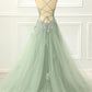 Spaghetti Straps Tulle Green Prom Dress with Appliques       fg4657