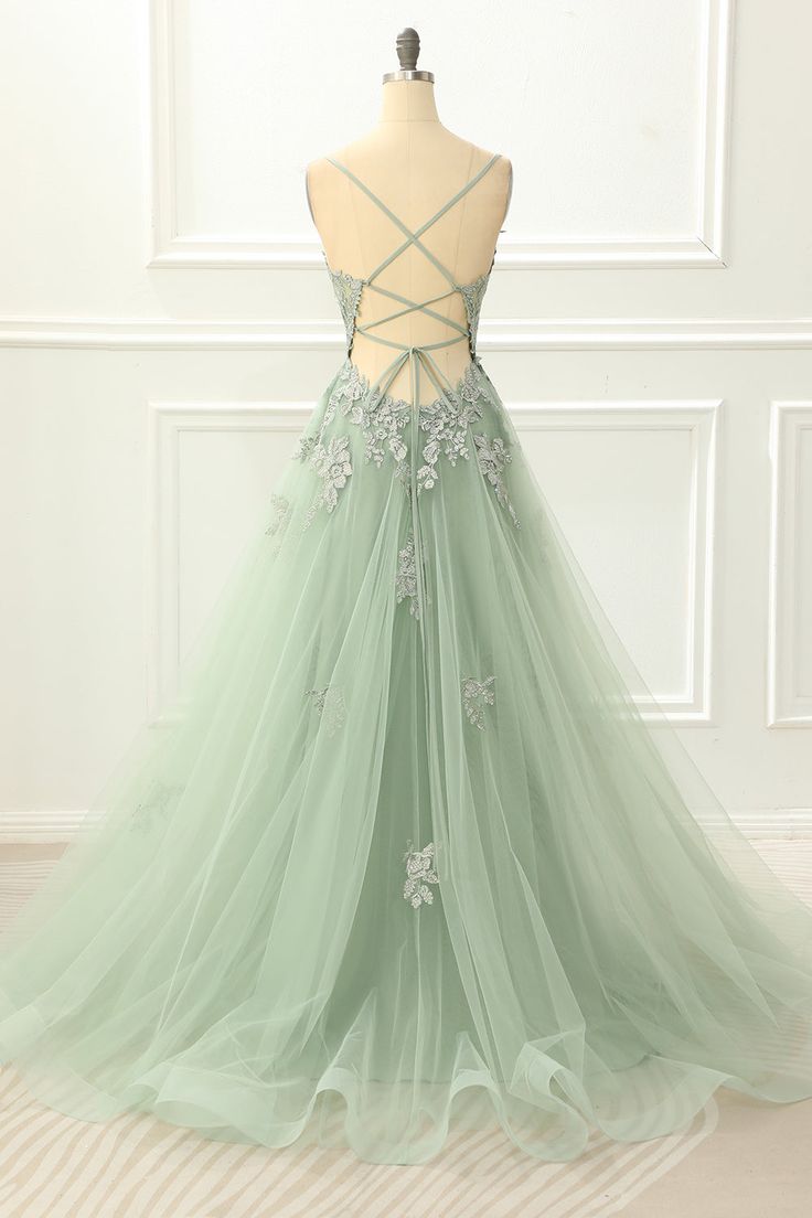 Spaghetti Straps Tulle Green Prom Dress with Appliques       fg4657