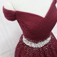 Burgundy Sequins Tulle Fashionable Tulle Long Party Dress, Off Shoulder Formal Dress      fg4652