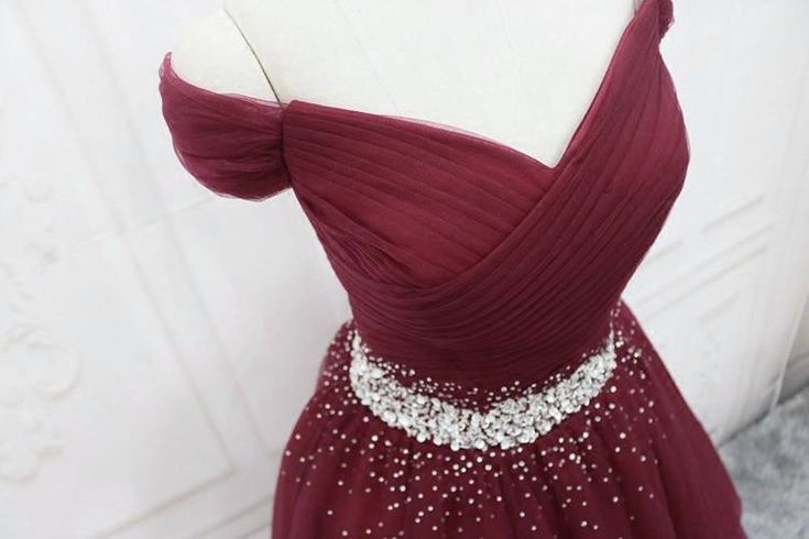 Burgundy Sequins Tulle Fashionable Tulle Long Party Dress, Off Shoulder Formal Dress      fg4652