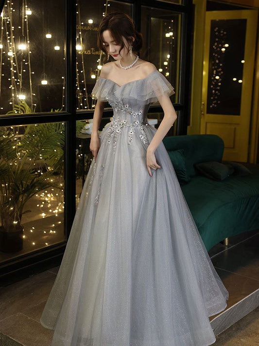 gray tulle off shoulder long prom dress, gray tulle formal dress    fg4459