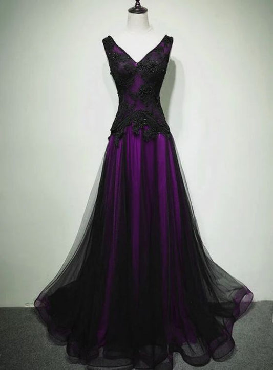 A-line Black and Purple Tulle V-neckline Beaded Prom Dress, Black Tulle Formal Dress    fg4932