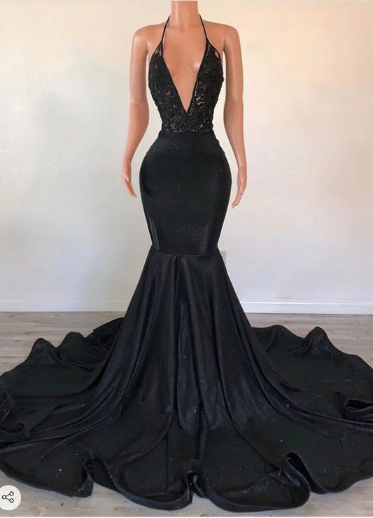 Black V Neck Trumpet/mermaid Halter Evening Dress Glitter Sweep Train Appliques Lace Prom Dresses      fg5190