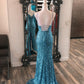 Straps Blue Sequin Mermaid Long Formal Dress       fg5337