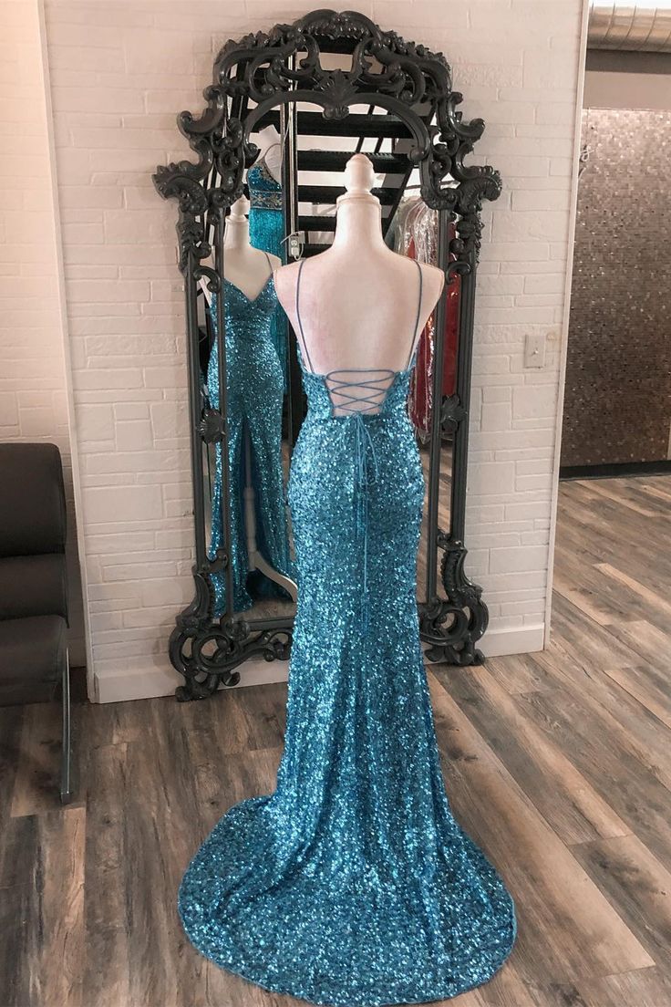 Straps Blue Sequin Mermaid Long Formal Dress       fg5337