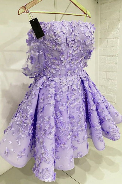 3D Lace Fowers Lavender Mini Homecoming Dresses, Strapless Sweet 16 Dresses      fg5344