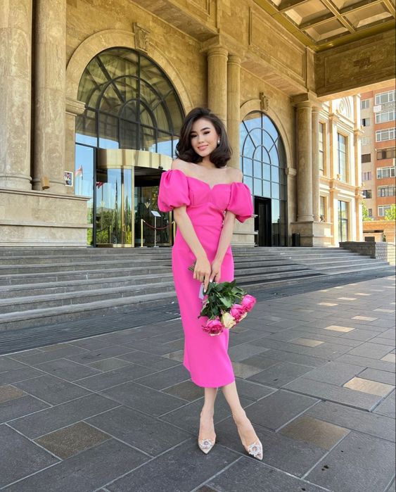 Vintage Hot Pink Midi-length Prom Dress,Wedding Guest Outfit   fg4683