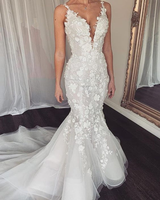 Gorgeous Mermaid Wedding Dresses 3D Floral Appliqued Sweep Train Country Bridal Gowns       fg4600