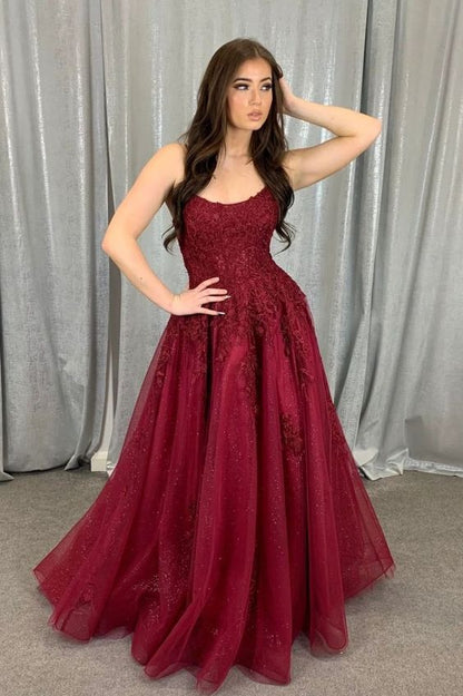 A Line Tulle Burgundy Scoop Prom Dresses With Appliques      fg4653