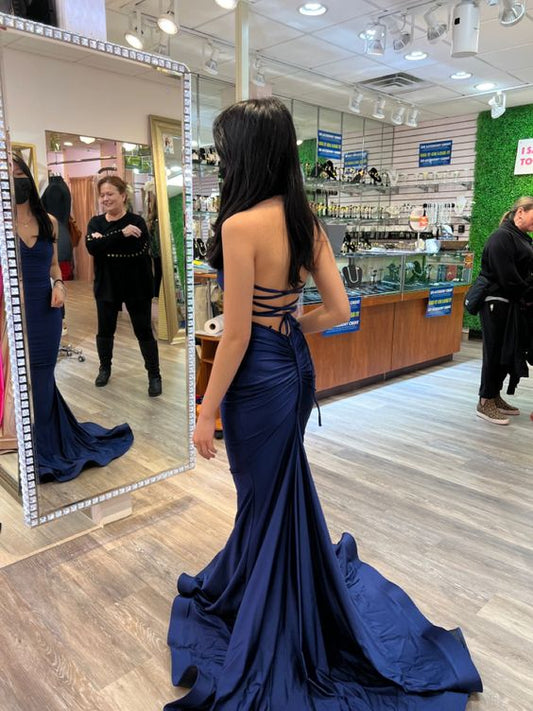 Navy Mermaid Prom Dress,Backless Evening Gown       fg5040