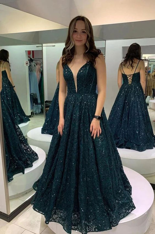 Shiny Lace Dark Green Deep V Neck A line Sequins Evening Dress Long Prom Dress      fg4659