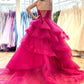 Hot Pink Sweetheart Tiered Tulle Long Prom Dresses with Appliques     fg5309