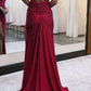 Sparkly Dark Red One Shoulder Sheath Long Prom Dress with Slit Formal Evening Dresses     fg5380