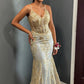 Gold Mermaid Prom Dresses For Black Girls Spaghetti Zipper Back Sweep Train Lace Formal Evening Dress   fg5422