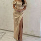 High Slit Satin Off Shoulder Long Evening Prom Dresses, Cheap Mermaid Prom Dress        fg5255