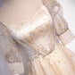 Champagne Tulle Sequins Long Prom Dress, Cute 1/2 Sleeve Party Dress      fg5450