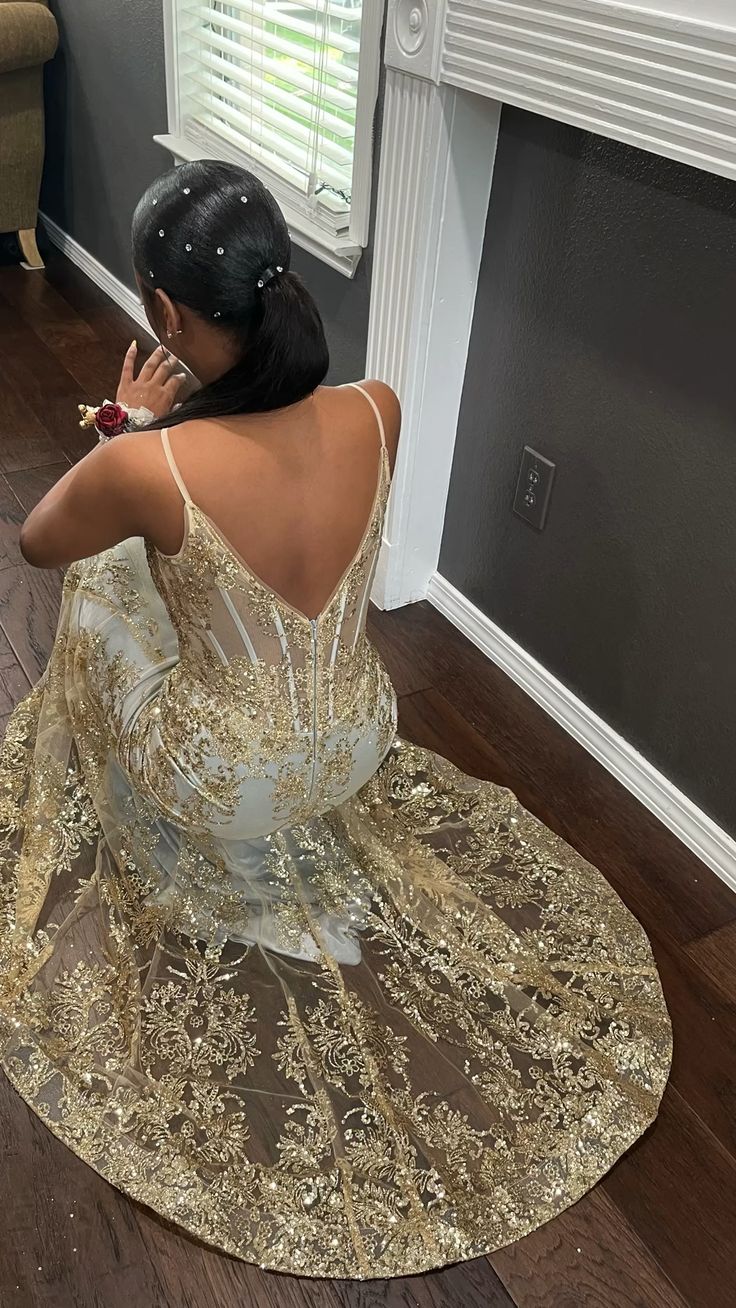 Gold Mermaid Prom Dresses For Black Girls Spaghetti Zipper Back Sweep Train Lace Formal Evening Dress   fg5422