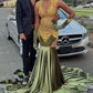 Luxurous Mermaid Deep V Neck Dark Green Velvet Prom Dresses     fg4996