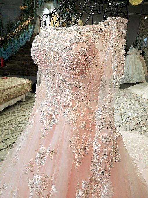 Modest Wedding Dress Long Sleeve Lace Applique Classic A-Line Wedding Dress Pink Bridal Dress With Train    fg5226