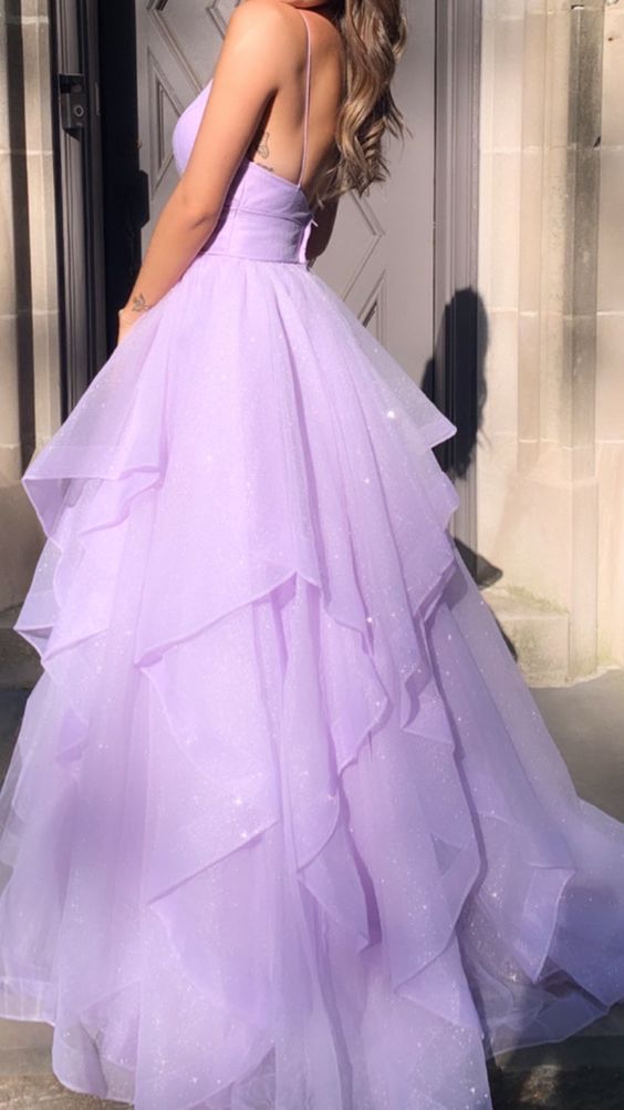 Purple V-Neck Tulle Long Prom Dresses, A-Line Party Evening Dresses      fg4765