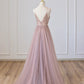 Pink V-Neck Tulle Long Prom Dress with Beaded, Pink Spaghetti Strap Evening Dress      fg5180