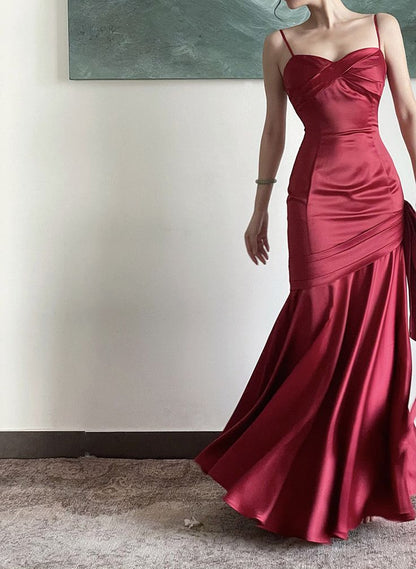 Burgundy Satin Sweetheart Straps Prom Dress, Burgundy Long Evening Dress       fg4953