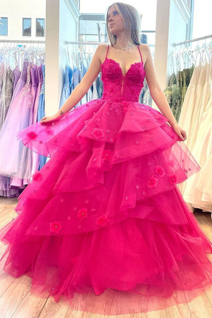 Hot Pink Sweetheart Tiered Tulle Long Prom Dresses with Appliques     fg5309