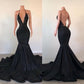 Black V Neck Trumpet/mermaid Halter Evening Dress Glitter Sweep Train Appliques Lace Prom Dresses      fg5190