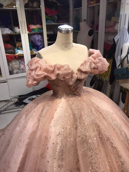 Champagne Pink Sparkly Dress,Long Evening Dress, Princess Sparkly Pink Dress, Quinceanera Dress Ball Gowns      fg5261