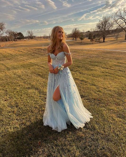 Cute A line Off the Shoulder Light Blue Long Prom Dresses with Appliques     fg4740