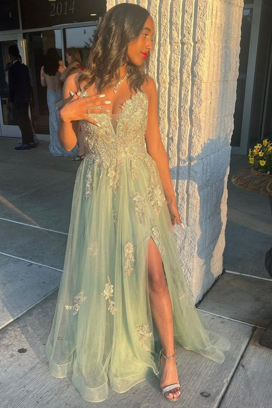 Green V-neck Lace Long Prom Dress, A-Line Evening Dress with Slit     fg4833