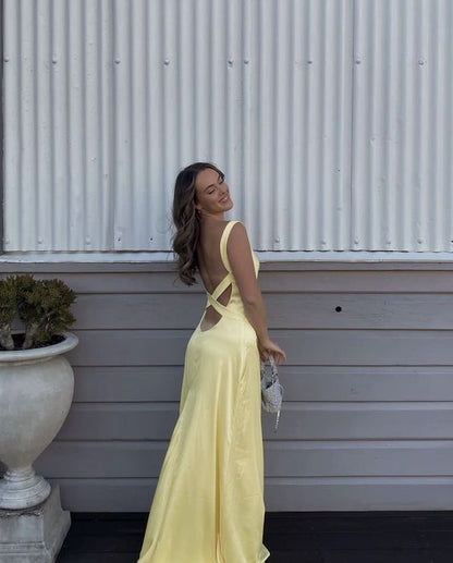 Simple Straps Yellow Backless Long Prom Dress     fg5318