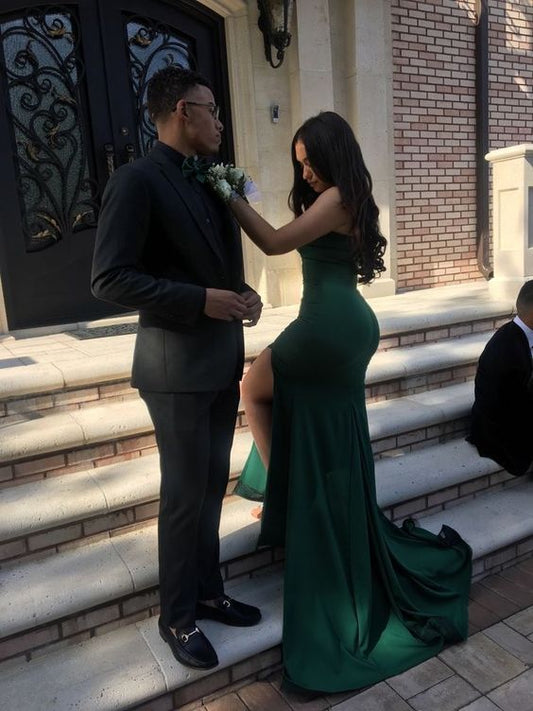 Green Strapless Mermaid Split Long Prom Dresses With Sweep Train, Mermaid Green Formal Dresses, Evening Dresses      fg5043