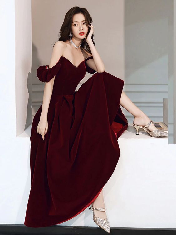 Simple Velvet Tea Length Prom Dresses, Burgundy Velvet Evening Dresses      fg5033