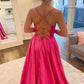 A Line Spaghetti Straps Hot Pink Long Prom Dress with Split Front Evening Dresses         fg4958