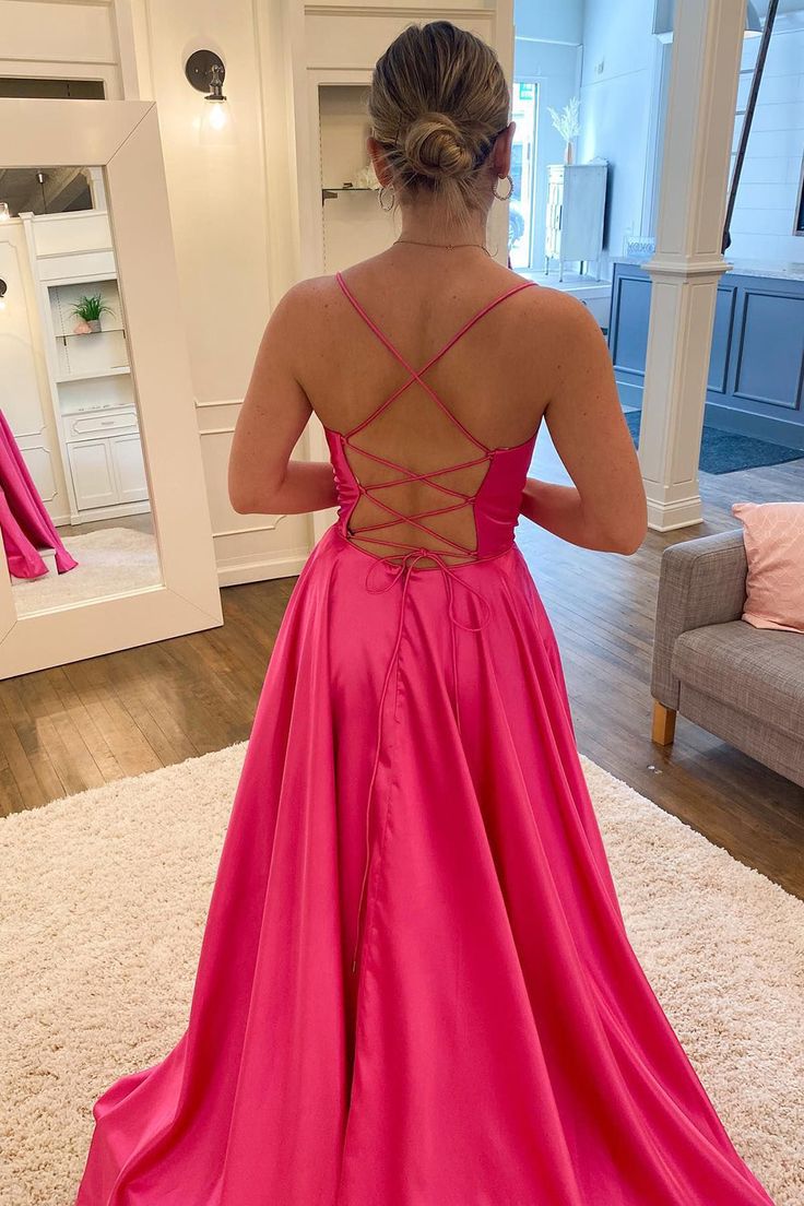 A Line Spaghetti Straps Hot Pink Long Prom Dress with Split Front Evening Dresses         fg4958