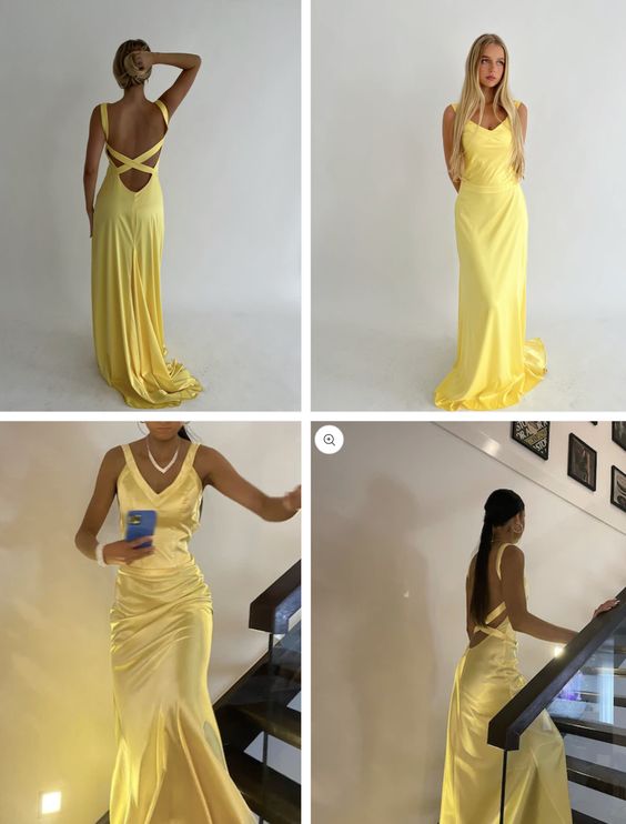 Simple Straps Yellow Backless Long Prom Dress     fg5318