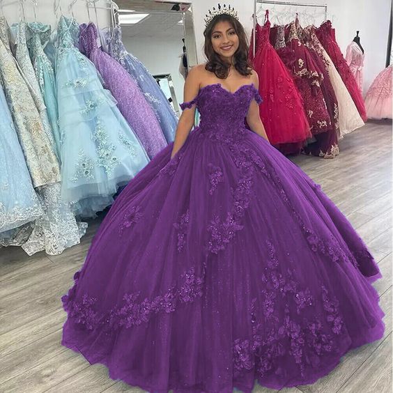 Off the Shoulder Flowers Beaded Purple Ball Gown Quinceanera Dresses       fg4350