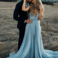 Sky Blue Chiffon Split Beach Wedding Dress With Court Train  Prom Dresses      fg5489