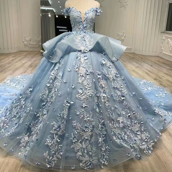 Blue Off Shoulder Ball Gown Prom Dress Sweet 16th Dress    fg3821