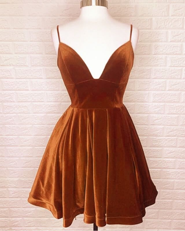 Short Burnt Orange Velvet Homecoming Dress      fg3627