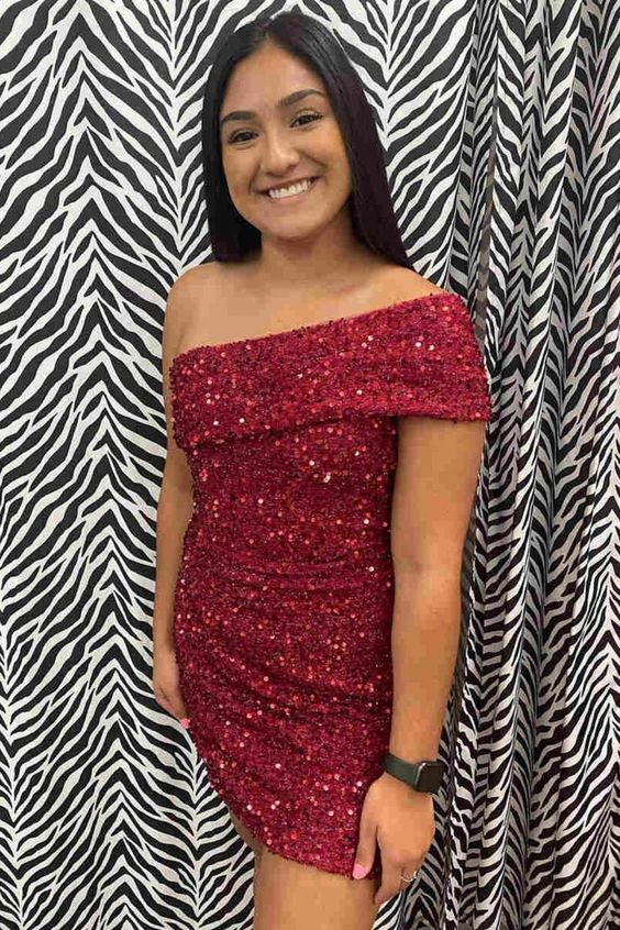 Burgundy Sequins One Shoulder Homecoming Dress    fg3593