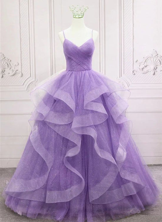 Gorgeous Purple Straps Layers Tulle V-neckline Long Evening Dress, Light Purple Prom Dresses     fg4168