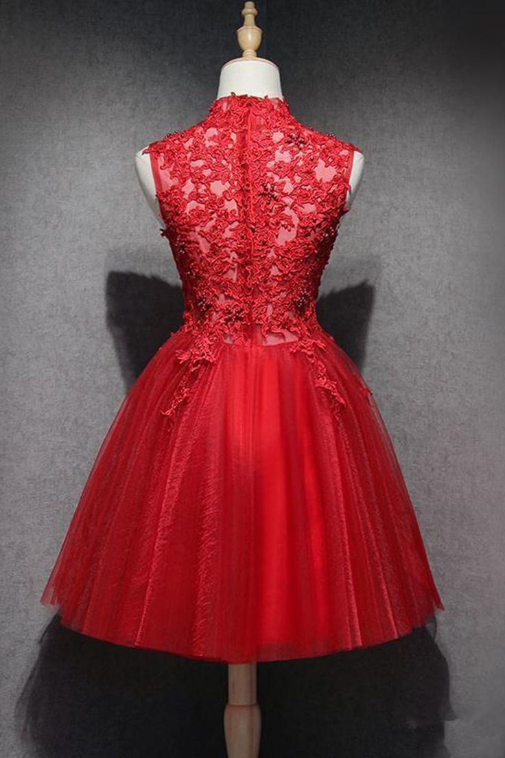 High Neck Red Lace Short Prom Dress, Red Lace Homecoming Dress, Red Formal Graduation Evening Dress     fg3826