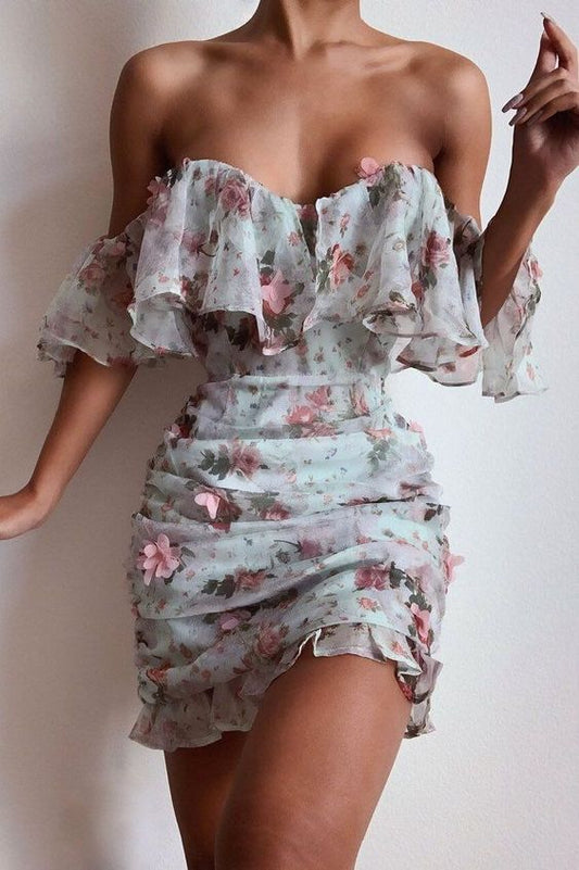 Floral Print Ruched Chiffon Women Dress Ruffle off Shoulder Elegant Sexy Party Short Prom Dress     fg3560